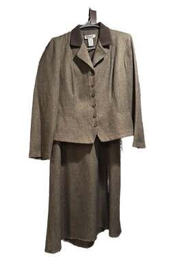 Miss Dorby Vintage Brown Herringbone Skirt Suit with Faux Suede Collar